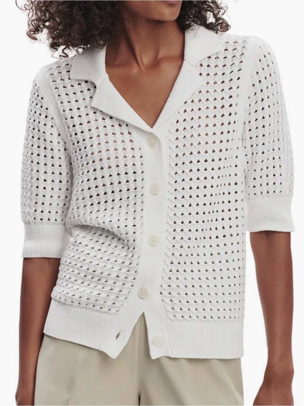 Varley White Open-Knit Button-Front Short-Sleeve Cardigan
